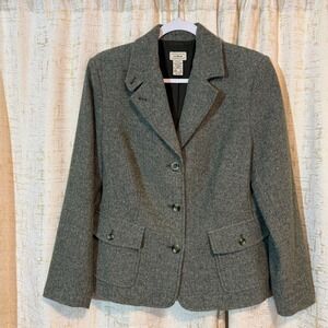 LL Bean Women's Medium Petite‎ Green Gray Wool Silk Blend Sports Coat Button Up